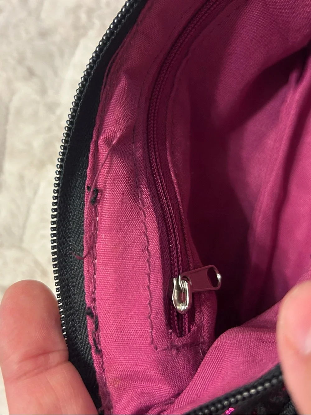Metallic Magenta & Black Brocade Zip Coin Purse Wallet Pouch